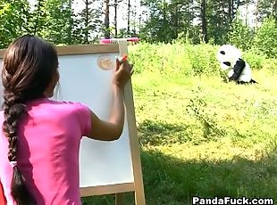 Cute teen girl fucked by panda in the forest
