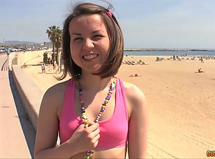Heavenly cute petite chick flashes and sucks fat dick on the beach